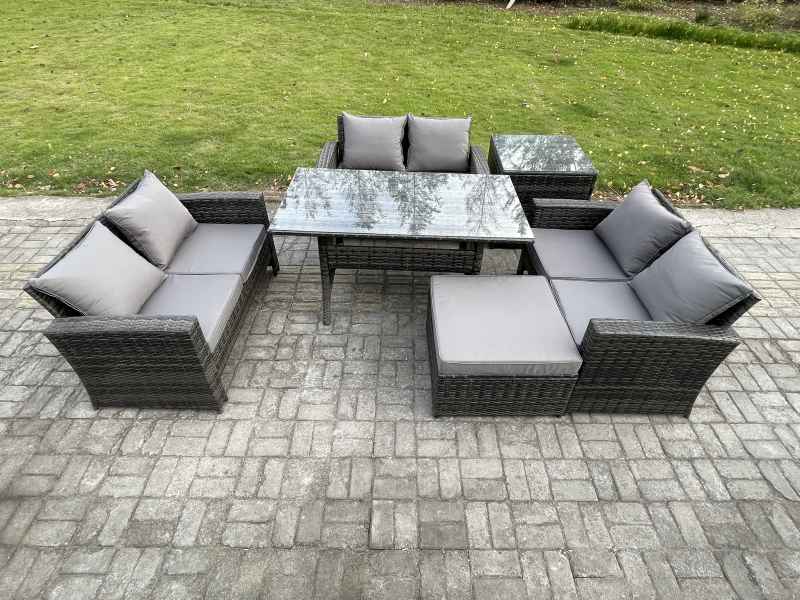 Fimous 7 Seater Rattan Wicker Garden Furniture Patio Conservatory Sofa Set Indoor Outdoor with Dining Table Double Seat Sofa Big Footstool Side Table