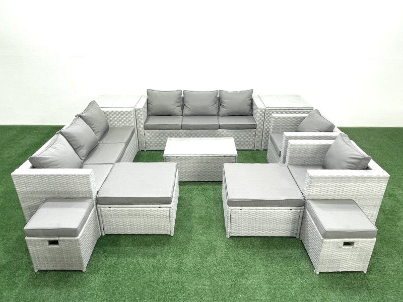 Fimous 11 Pieces Rattan Garden Furniture Set Outdoor Garden Sofa Chair Coffee Table Set with 4 Footstools 2 Side Tables Light Grey Mixed