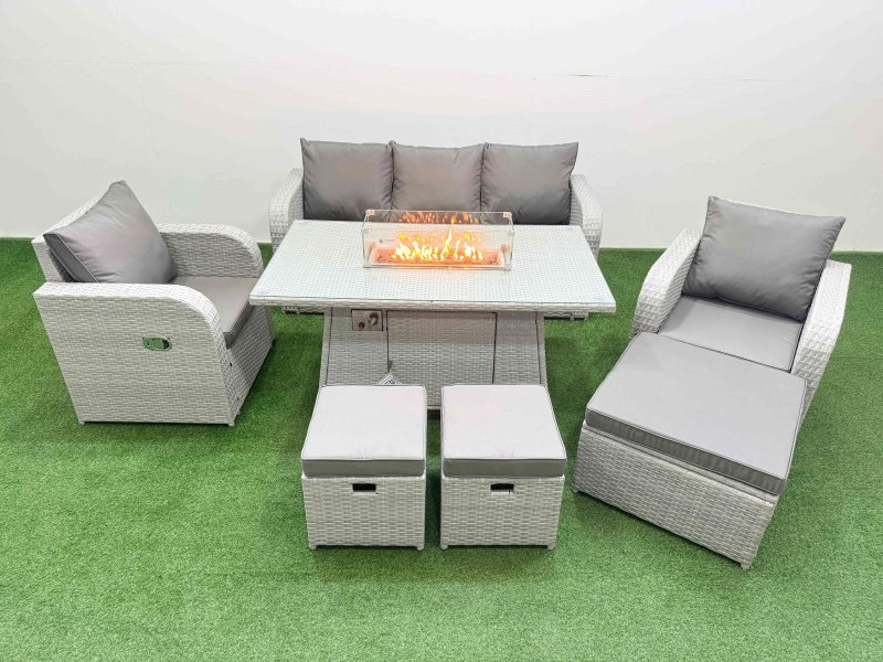 Fimous PE Rattan Garden Furniture Set Reclining Chair Sofa Lounge Sofa Set Firepit Dining Table 3 Stools Light Grey