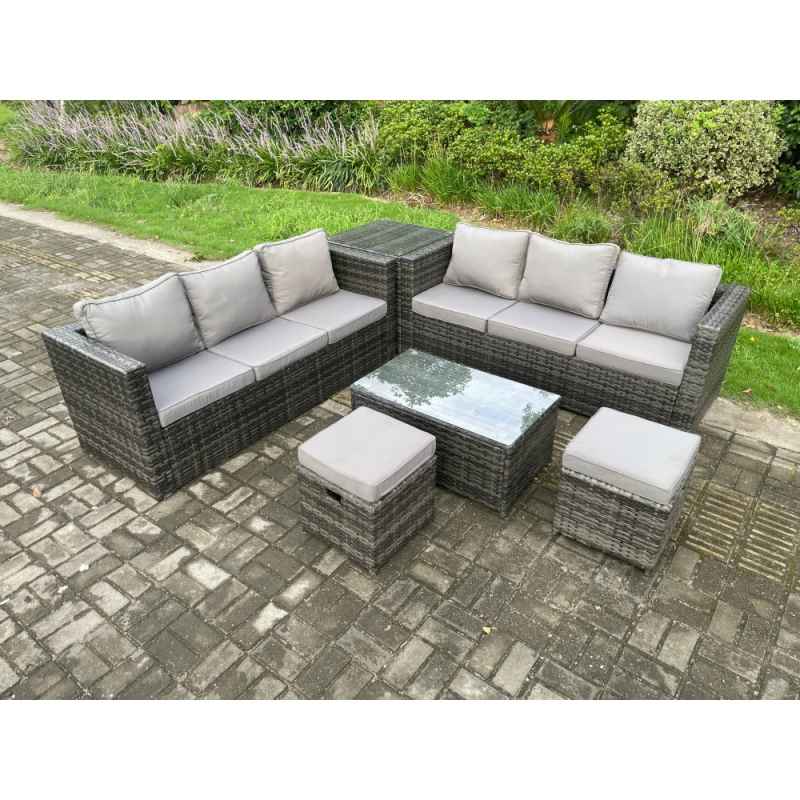 Fimous Rattan Garden Furniture Set Outdoor Patio Sofa Set with Oblong Coffee Table Side Table 2 Small Footstools 8 Seater Dark Grey Mixed
