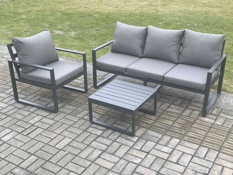 Fimous Aluminium Outdoor Garden Furniture Set Lounge Sofa Chairs Square Coffee Table Sets Conservatory Set Dark Grey