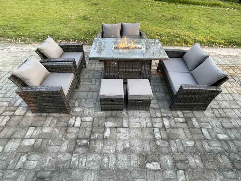 Fimous Wicker PE Rattan Garden Furniture Sets Patio Outdoor Gas Firepit Dining Table Heater Set with Double Seat Sofa 2 Small Footstools Dark Grey Mixed