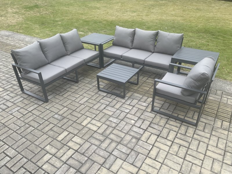Fimous Aluminium 7 Seater Outdoor Garden Furniture Lounge Sofa Set with Square Coffee Table Chair 2 Side Table Dark Grey
