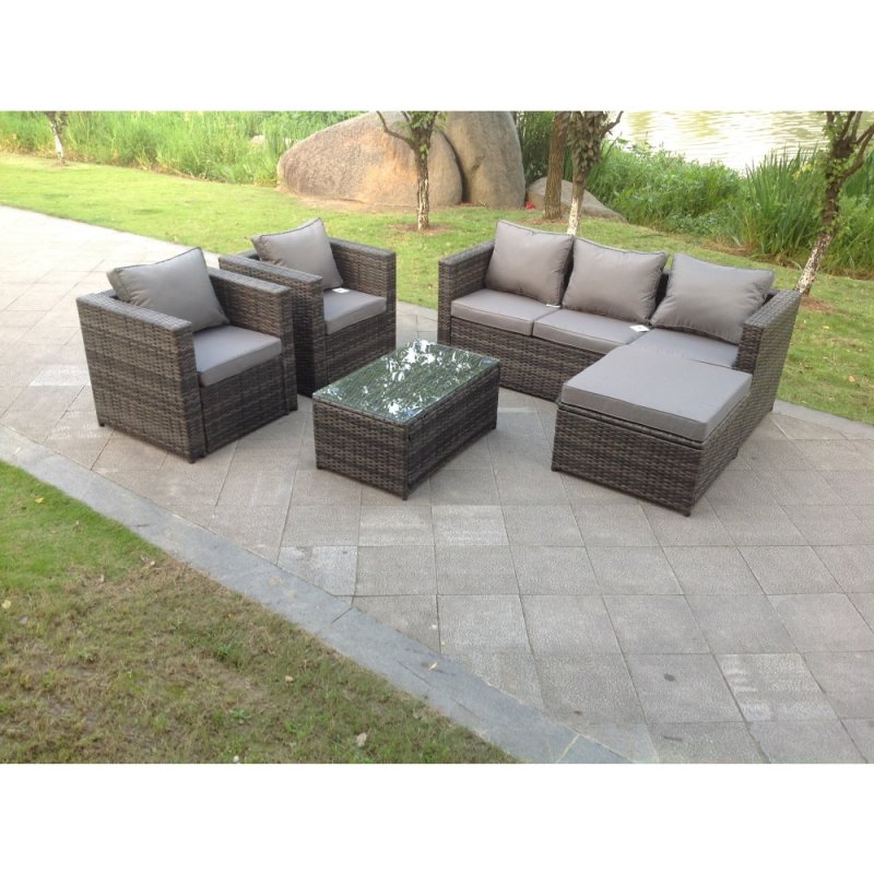 Fimous 6 Seats Rattan Sofa Set Oblong Coffee Table Chair Set Outdoor Garden Furniture In Dark Grey
