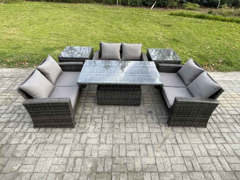 Fimous 6 pieces Outdoor Lounge Sofa Set Wicker PE Rattan Garden Furniture Set with Rising Lifting Table Double Seat Sofa 2 Side Tables Dark Grey Mixed