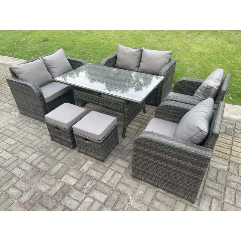 Fimous 8 Seater Dark Grey PE Wicker Rattan Garden Furniture Set Reclining Chair 2 Seater Love Sofa Set Outdoor Rectangular Dining Table 2 Stools
