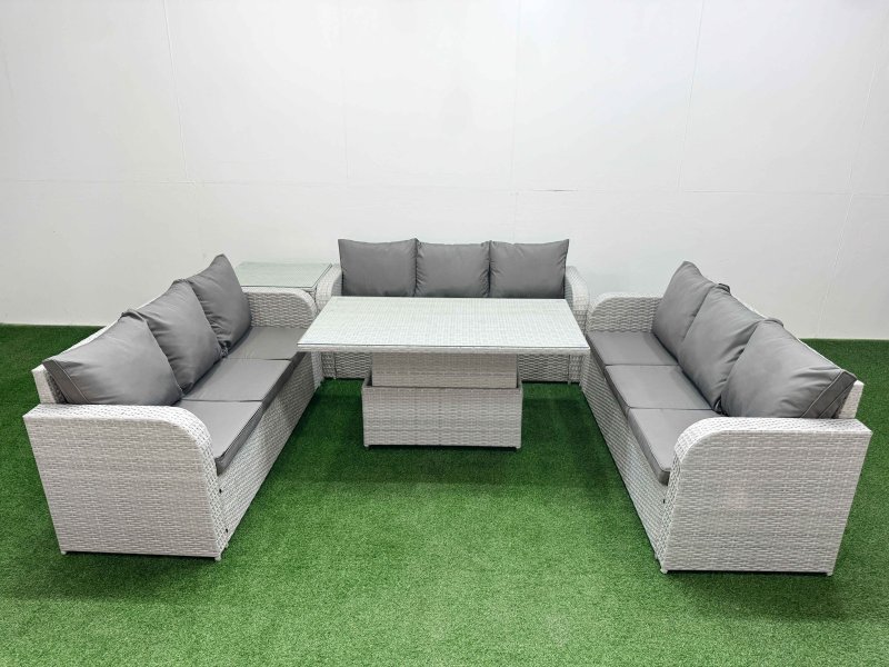 Fimous PE Rattan Lounge Sofa Set 9 Seater Outdoor Garden Furniture Set with Adjustable Lifting Dining or Coffee Table 3 Seater Sofa Side Table Light Grey