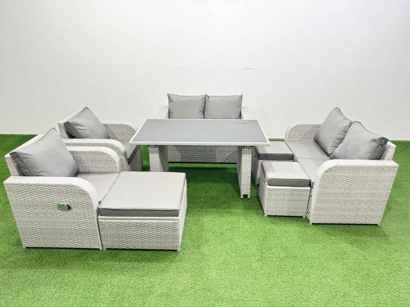 Fimous 8 Pieces Outdoor PE Rattan Sofa Reclining Chair Set Patio Garden Furniture Sets with Cushions 3 Stools Light Grey
