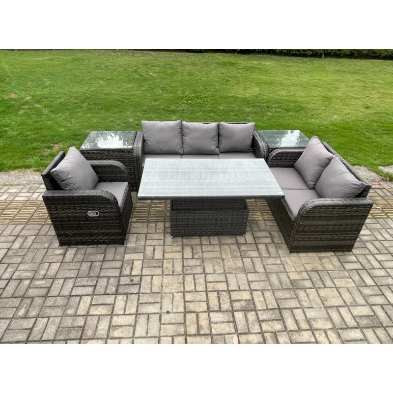 Fimous Outdoor Rattan Furniture Garden Dining Set Patio Height Adjustable Rising lifting Table Reclining Chair Sofa With 2 Side Tables Dark Grey Mixed