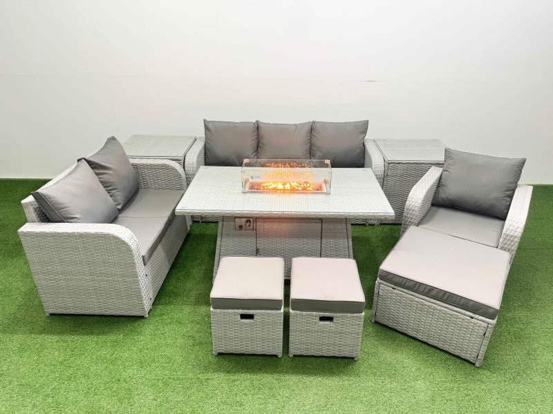 Fimous Patio PE Wicker 9 Seater Outdoor Rattan Furniture Sofa Sets with Firepit Dining Table Reclining Chair Loveseat Sofa 3 Seater Sofa Stool 2 Side Table Light Grey