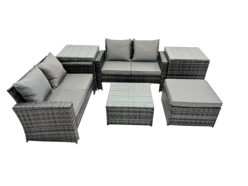 Fimous PE Rattan Garden Furniture Set Lounge Double Seat Sofa Coffee Table Set with 2 Side Tables Big Stool Dark Grey Mixed