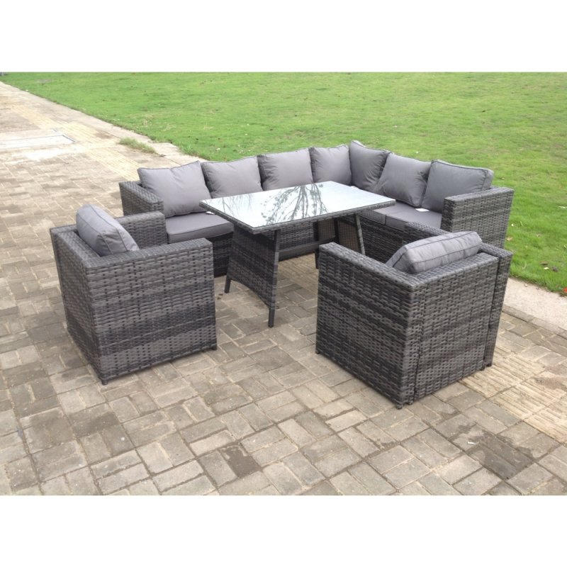 Fimous Rattan Corner Sofa Set Garden Furniture With 2 Chairs And Dining Table Right Hand