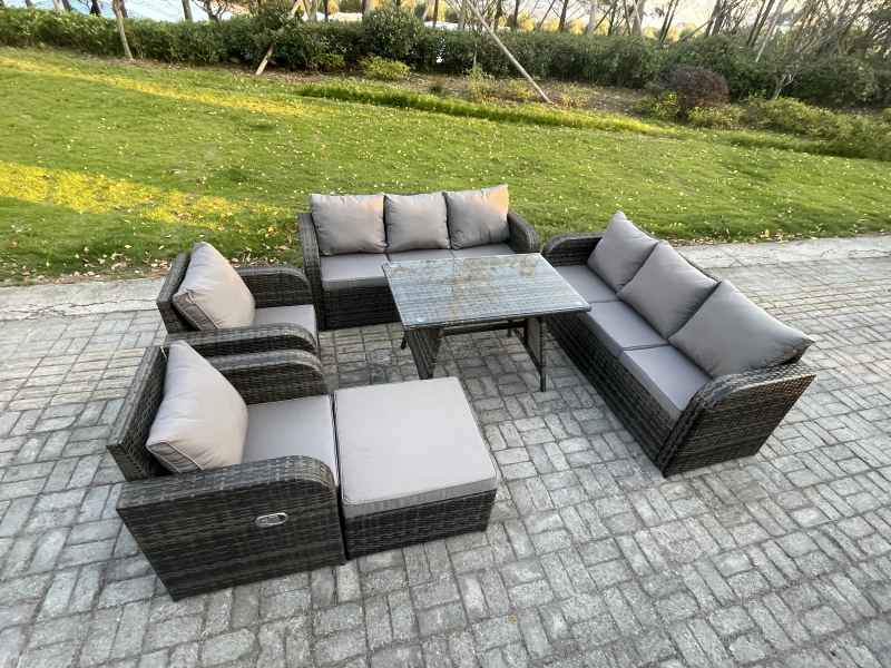 Fimous 9 Seater Rattan Outdoor Garden Furniture Sofa Set Patio Table & Chairs Set with 3 Seater Sofa Rectangular Dining Table Big Footstool Dark Grey Mixed