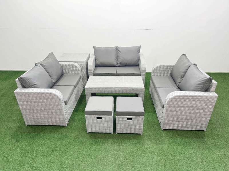 Fimous 8 Seater PE Wicker Rattan Furniture Sofa Sets with Oblong Coffee Table 2 Seater Love Sofa 2 Stool Side Table Light Grey