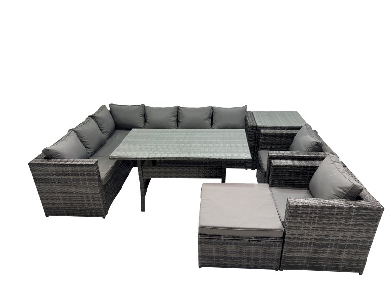 Fimous Outdoor PE Rattan Sofa Set with Dining Table Patio Garden Furniture Sets with Big Stool Side Table Dark Grey Mixed