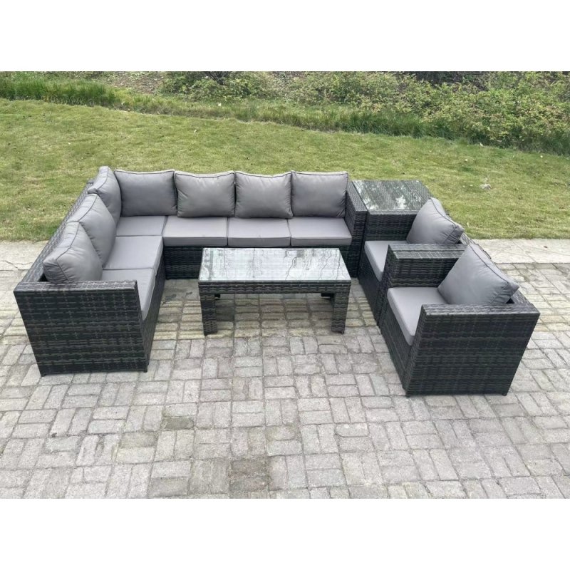 Fimous 8 Seater Rattan Corner Sofa Lounge Sofa Set With Rectangular Coffee Table Side Table 2 Arm Chair Dark Grey Mixed Left Hand
