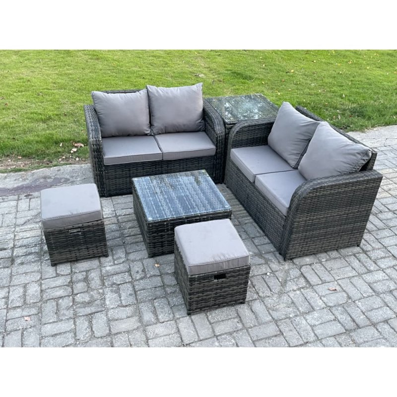 Fimous Rattan Sofa Set Outdoor Garden Furniture Set with Square Coffee Table Loveseat Sofa 2 Small Footstool Side Table Dark Grey Mixed