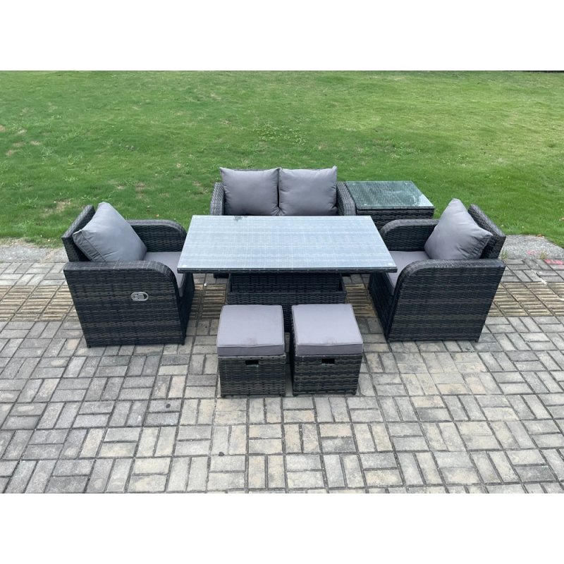 Fimous Outdoor Rattan Garden Furniture Set Height Adjustable Rising lifting Dining Table Love Sofa Chair With Side Table Stools