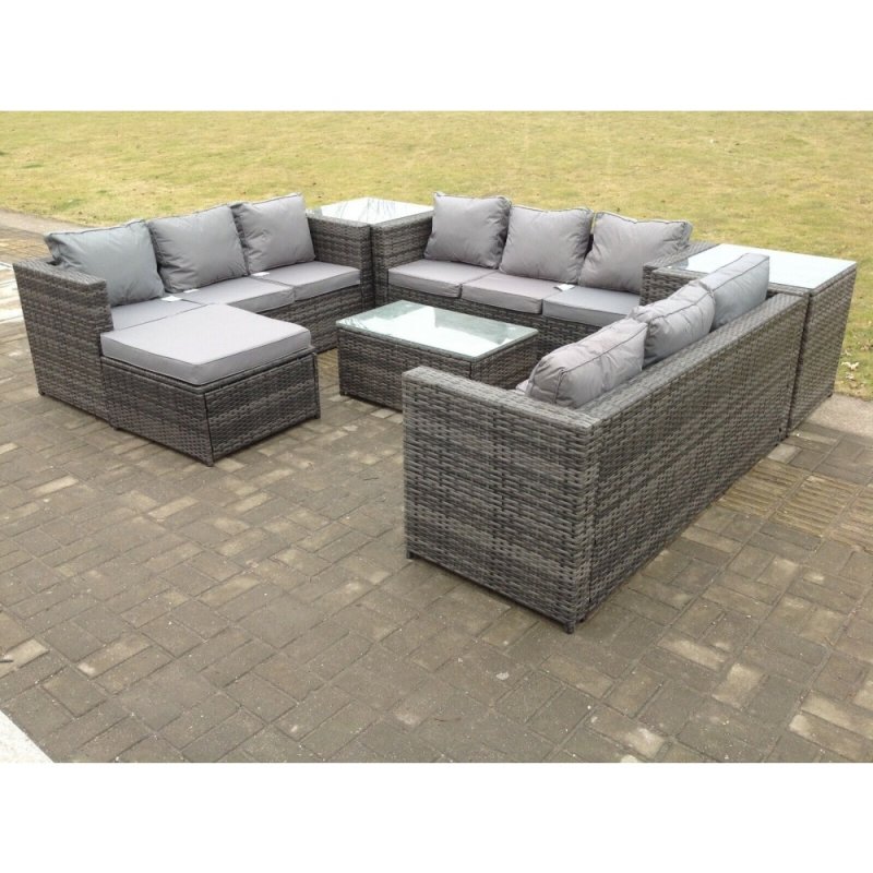 Fimous Rattan Garden Furniture Set Corner Sofa Coffee Table Lounge 10 Seater Outdoor Conservatory