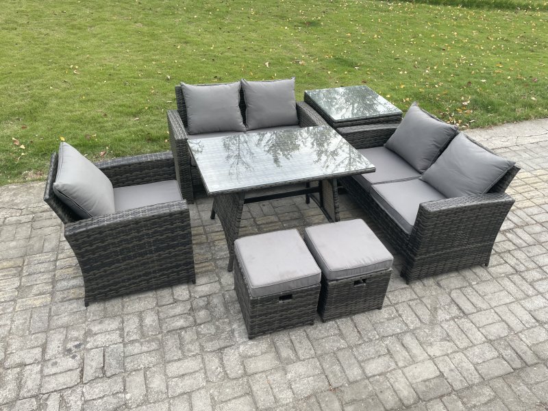 Fimous Wicker PE Rattan Garden Dining Set Outdoor Furniture Sofa with Rectangular Dining Table Love Seat Sofa Side Table 2 Small Footstools Dark Grey Mixed