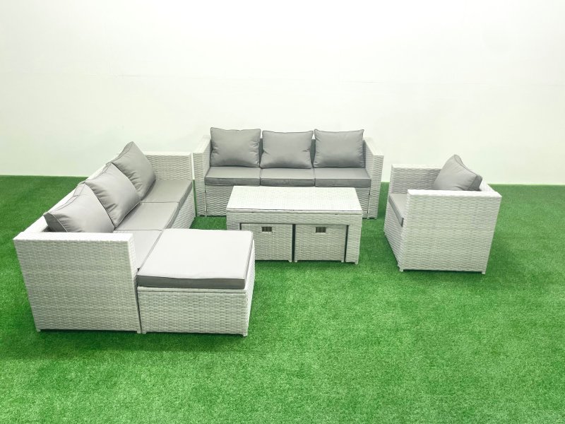 Fimous Wicker PE Rattan Sofa Garden Furniture Set with Oblong Coffee Table Armchair 3 Footstools Light Grey Mixed