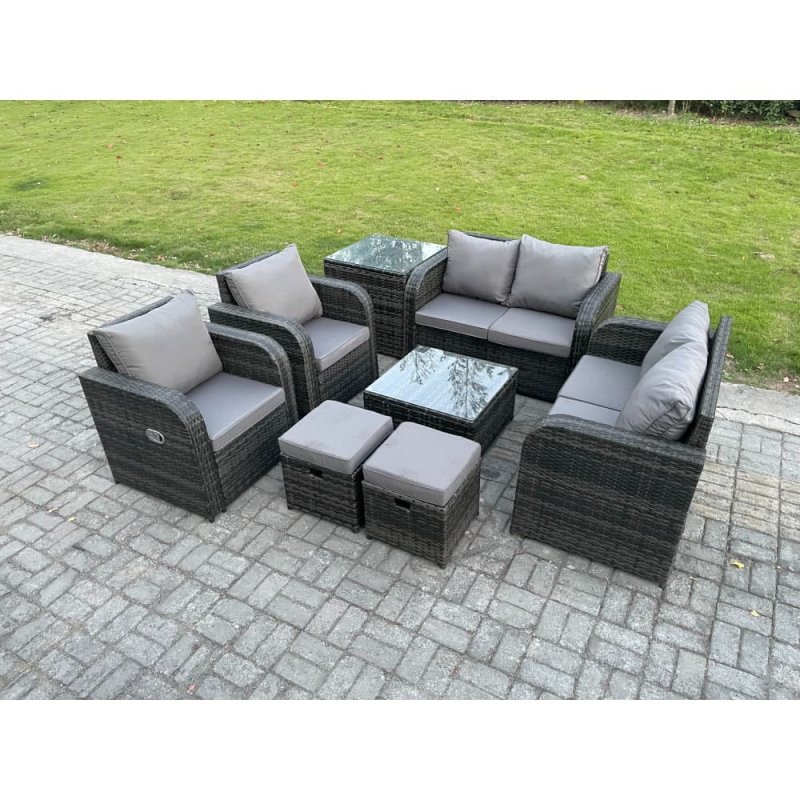 Fimous 8 Seater Rattan Sofa Set Outdoor Garden Furniture Set with Square Coffee Table Loveseat Sofa Reclining Chairs Side Table 2 Small Footstools Dark Grey Mixed