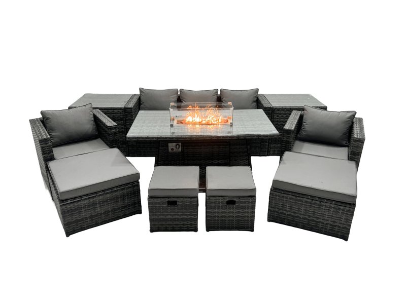 Fimous Rattan Garden Furniture Firepit Dining Set 9 Seater Lounge Sofa Table Set with 2 side table 4 Footstool