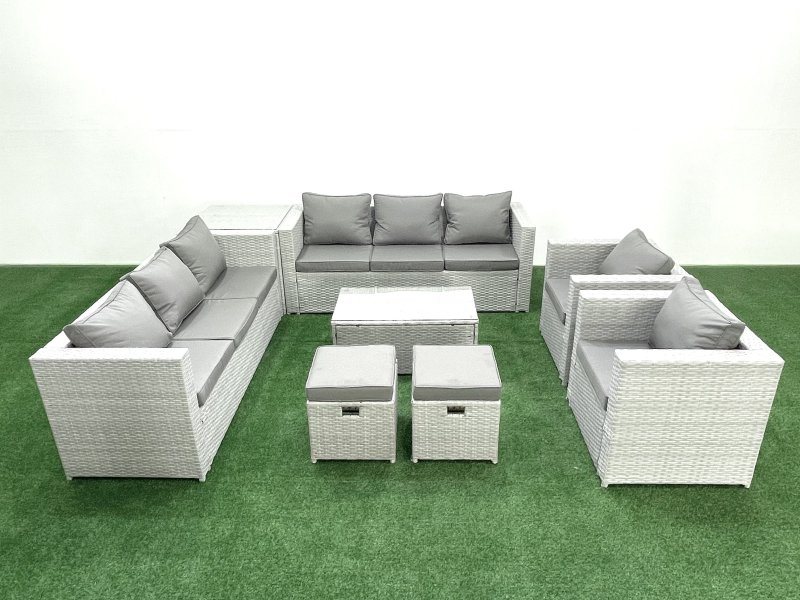 Fimous Outdoor Rattan Sofa Garden Furniture Set with 2 Armchairs Oblong Coffee Table 2 Small Footstools Side Table Light Grey Mixed