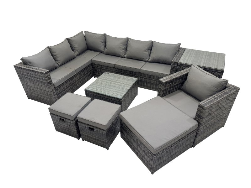 Fimous Rattan Garden Furniture Patio Furniture Sets with Corner Sofa Chair Square Coffee Table Side Table 3 Footstools Dark Grey Mixed