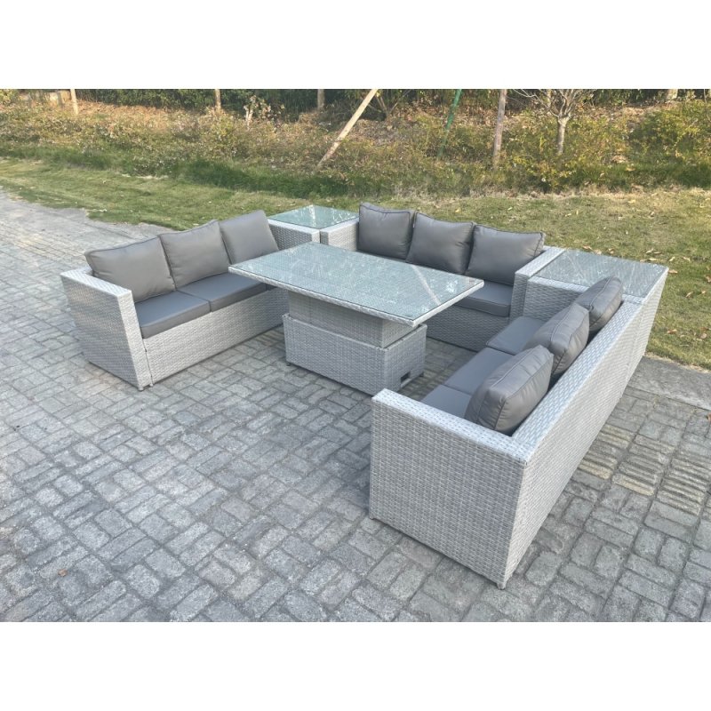 Fimous U Shape Lounge Rattan Garden Furniture Set Adjustable Rising Lifting Table Dining Set With 2 PC Side Coffee Tea Table Stool