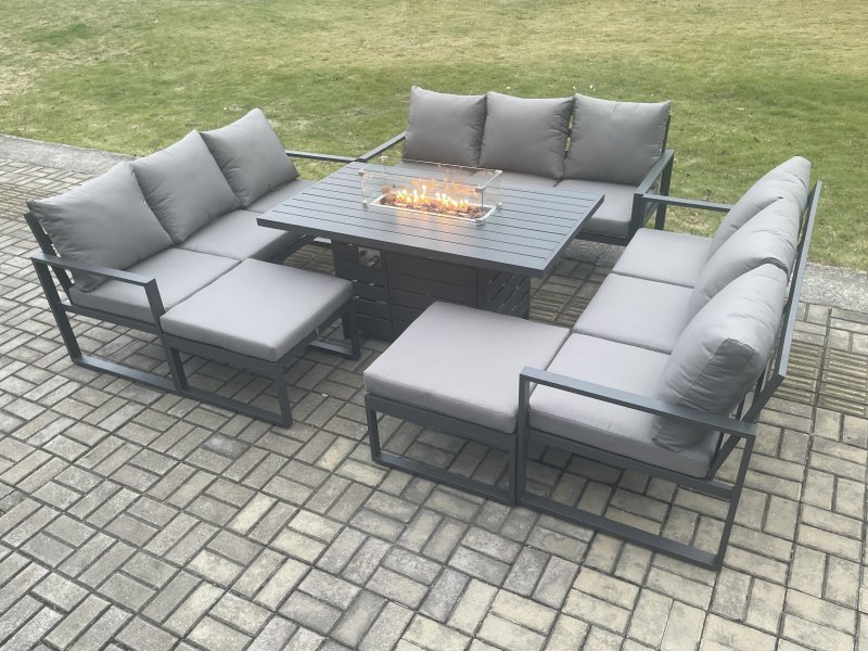 Fimous Aluminium 11 Seater Garden Furniture Outdoor Set Patio Lounge Sofa Gas Fire Pit Dining Table Set with 2 Big Footstools Dark Grey