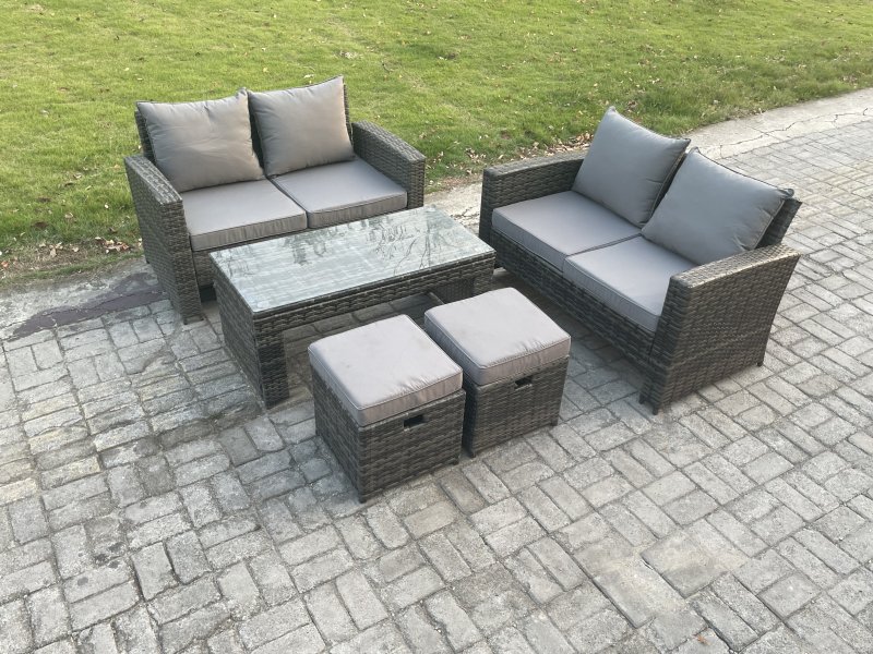 Fimous 5 Pieces Garden Furniture Sets Poly Rattan Outdoor Patio Furniture PE Wicker Furniture Set with 2 Small Footstool Loveseat and Table for Garden Backyard Dark Grey Mixed