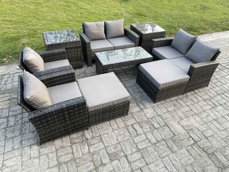Fimous 8 Seater Outdoor Rattan Patio Furniture Set Garden Lounge Sofa Set with Armchairs 2 Side Tables 2 Big Footstool Coffee Table Dark Grey Mixed