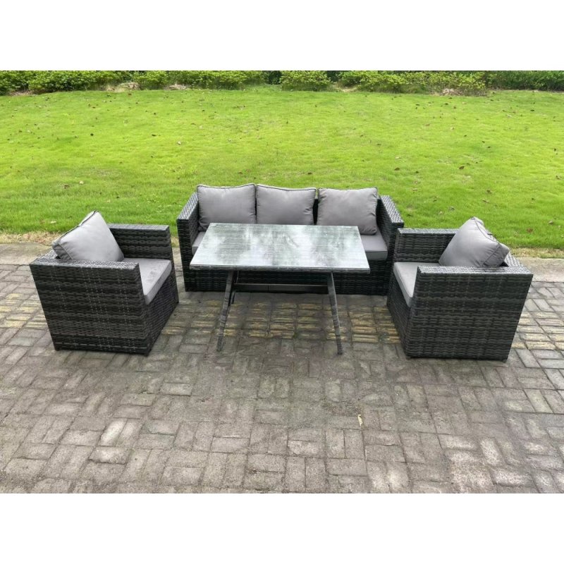 Fimous Wicker PE Rattan Outdoor Furniture Garden Dining Set with Lounge Sofa Oblong Dining Table 2 Armchairs Dark Grey Mixed