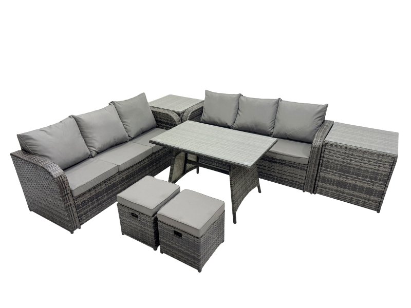 Fimous Garden Rattan Outdoor Furniture Set 8 Seater with 3 Seater Sofa 2 Side Table 2 Small Stools Dark Grey