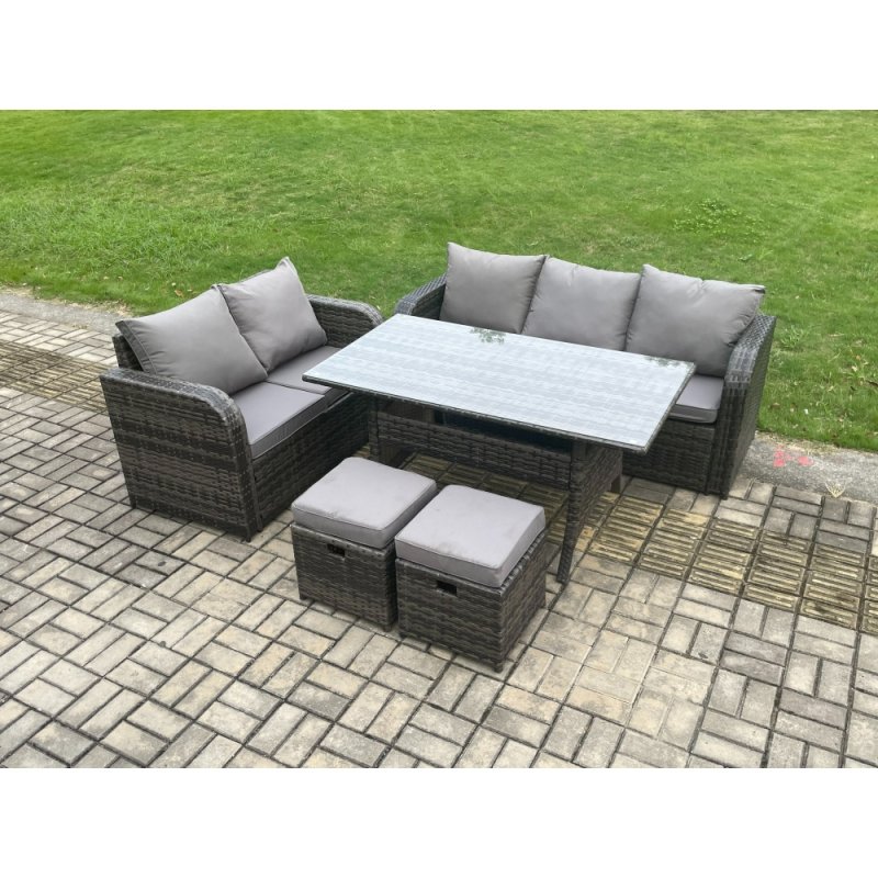 Fimous Outdoor Garden Patio Furniture Wicker Rattan Oblong Rectangular Dining Table and Lounge Sofa set with 2 Small Footstools Dark Grey Mixed