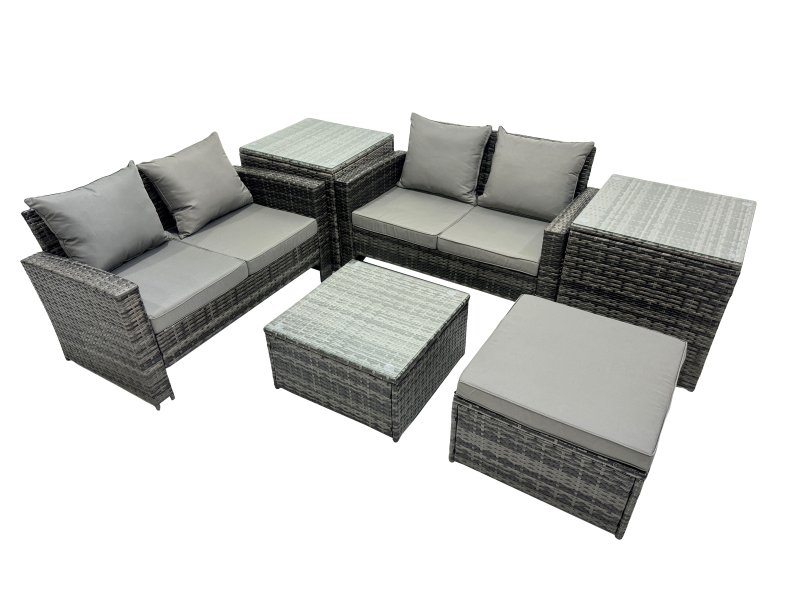 Fimous PE Rattan Garden Furniture Set Lounge Double Seat Sofa Coffee Table Set with 2 Side Tables Big Stool Dark Grey Mixed