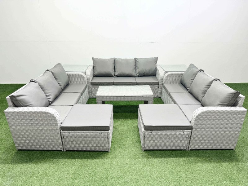 Fimous PE Rattan Lounge Sofa Set 11 Seater Outdoor Garden Furniture Set with Oblong Coffee Table 3 Seater Sofa 2 Big Footstools 2 Side Table Light Grey