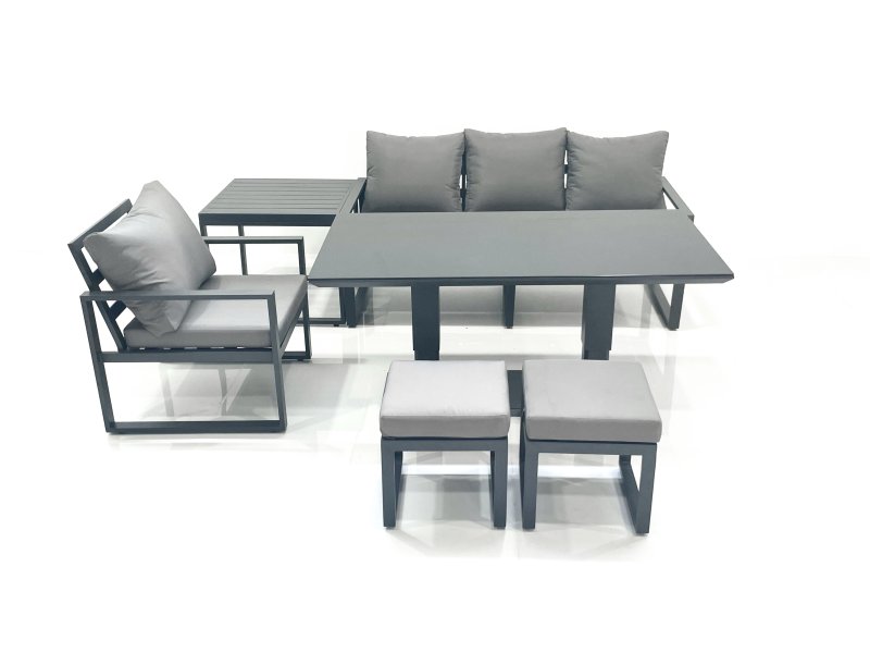 Fimous 6 Seater Garden Sofa Set Aluminium Furniture Rising Dining Tabe Set with Chair Side Table 2 Small Footstools Dark Grey