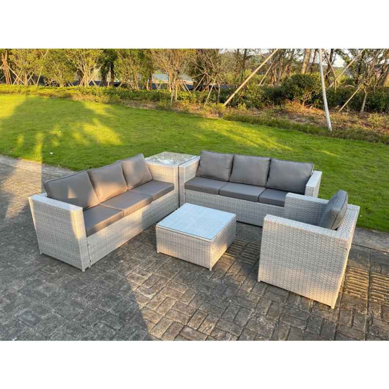 Fimous Light Grey Rattan Garden Outdoor Lounge Sofa Set Chair Sofa Side Table Square Coffee Table 7 Seater