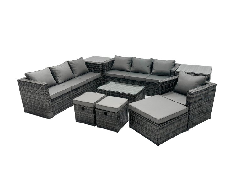 Fimous Rattan Garden Furniture Dining Set 10-seater Patio Coffee Table Sofa Set with 3 Stools 2 Side Tables Dark Grey Mixed