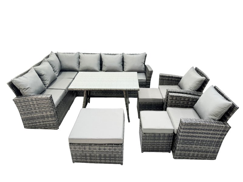 Fimous 11 Seat Rattan High Back Corner Sofa Set Patio Dining Table Set with 3 Stools Dark Grey Mixed