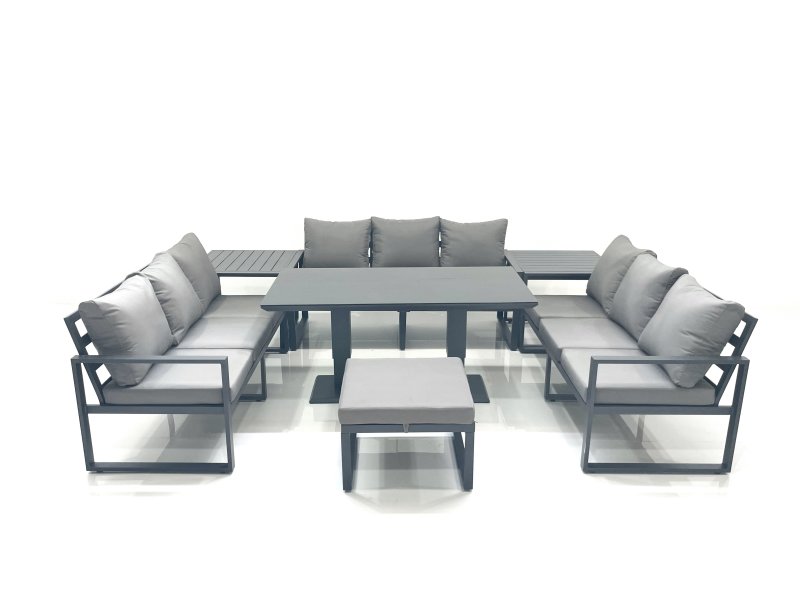 Fimous 10 Seater Garden Sofa Set Aluminium Furniture Rising Dining Tabe Set with 2 Side Tables Big Footstool Dark Grey
