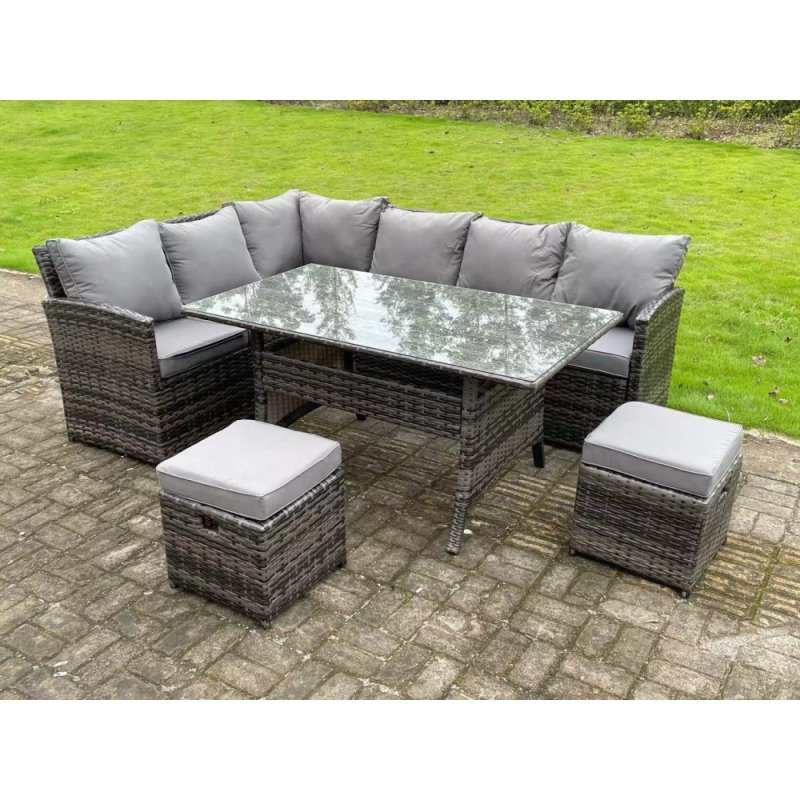 High Back Dark Mixed Grey Rattan Corner Sofa Set Outdoor Furniture Rectangular Dining Table 2 Small Footstools 8 Seater
