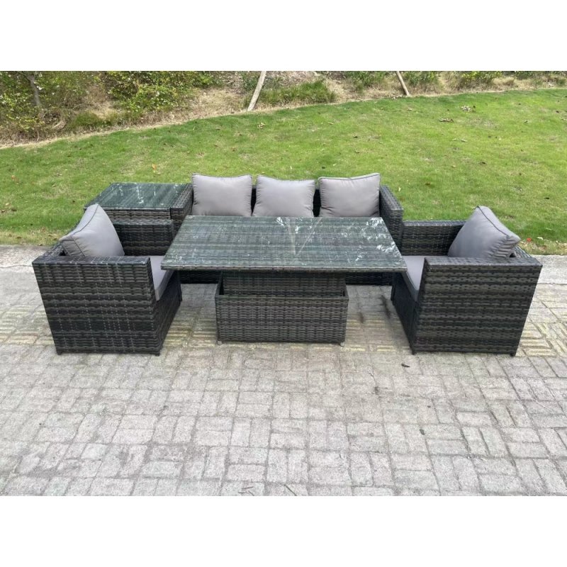 Fimous Outdoor Rattan Garden Furniture Sofa Set Patio Adjustable Rising Lifting Dining Table Set with Side Table 2 Armchairs Dark Grey Mixed