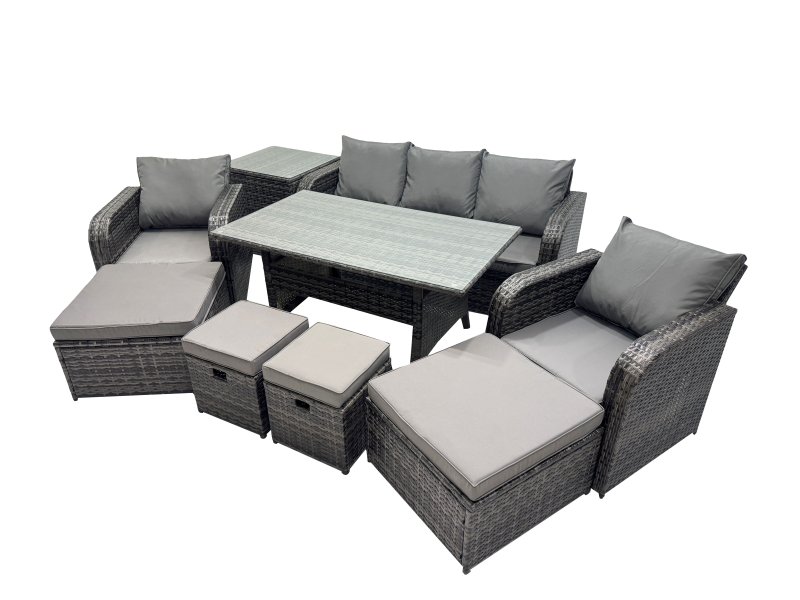 Fimous 8 Seat Outdoor Wicker PE Rattan Garden Furniture Set Dining Table Sofa Set with 4 Stools Side Table Dark Grey Mixed