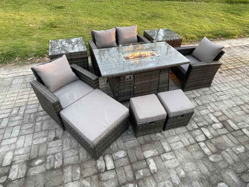 Fimous Outdoor Garden Dining Sets 7 Seater Rattan Patio Furniture Sofa Set with Gas Firepit Table 3 Footstools 2 Side Tables Dark Grey Mixed
