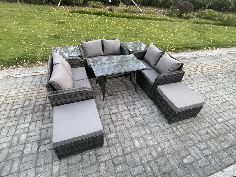 Fimous Outdoor Rattan Garden Furniture Set 8 Seater Patio Love Sofa Set with Rectangular Dining Table 2 Big Footstool 2 Side Tables Dark Grey Mixed