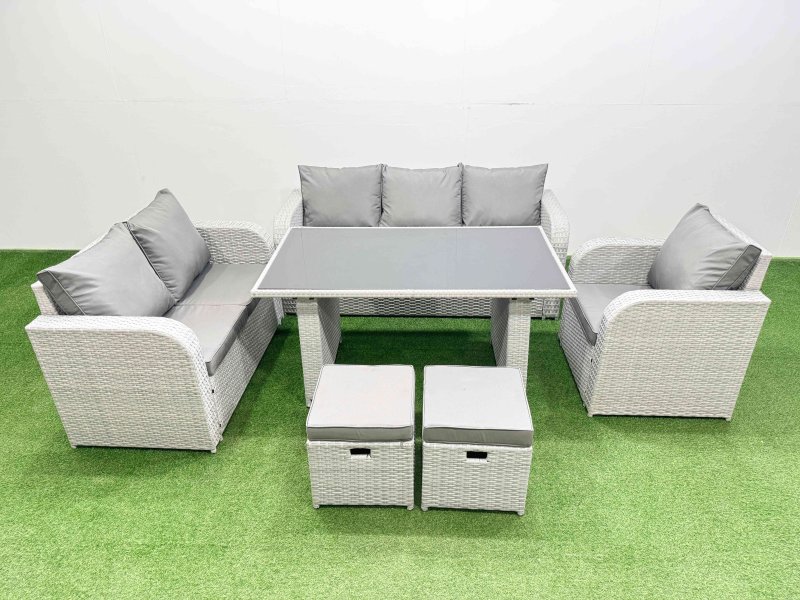 Fimous Rattan Outdoor Table Reclining Chair Sofa Set with 2 Small Stools Light Grey 8 Seater