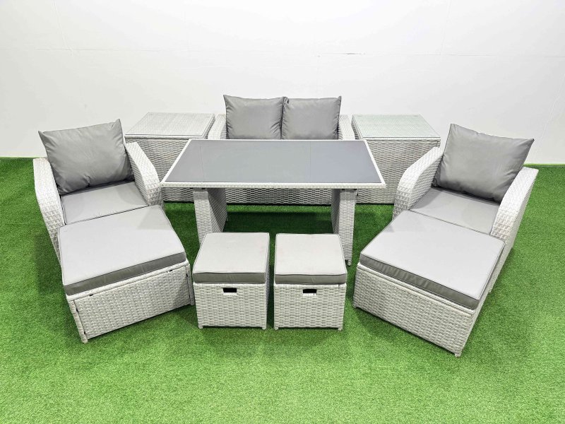 Fimous 8 Seater Patio Garden Furniture Sets with Dining Table Love Sofa 2 Side Tables 4 Stools Light Grey